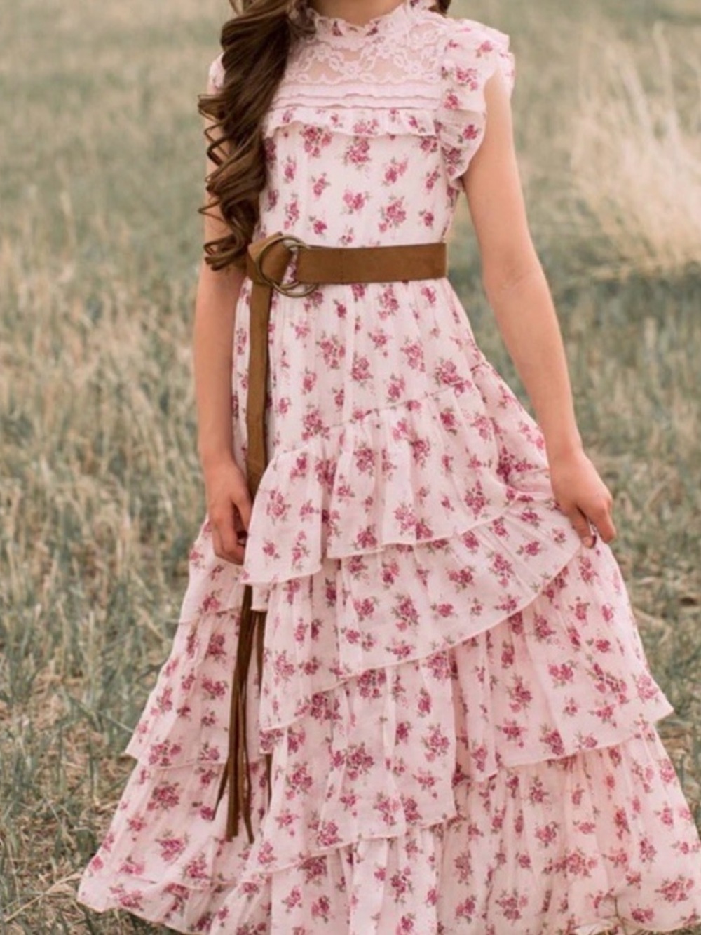 Girls Pink Floral Ruffle Maxi Dress
